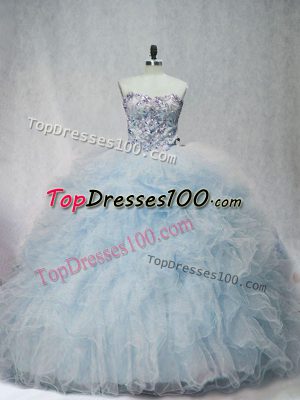 Romantic Sleeveless Beading and Ruffles Lace Up 15th Birthday Dress with Light Blue Brush Train