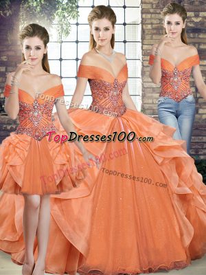 Organza Off The Shoulder Sleeveless Lace Up Beading and Ruffles Quinceanera Gowns in Orange