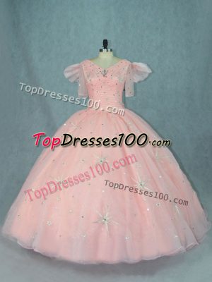 Cute Organza Short Sleeves Floor Length Quinceanera Gown and Beading