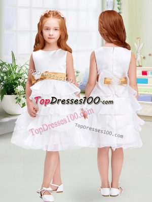 Attractive White Sleeveless Knee Length Ruffled Layers and Bowknot Zipper Flower Girl Dresses for Less