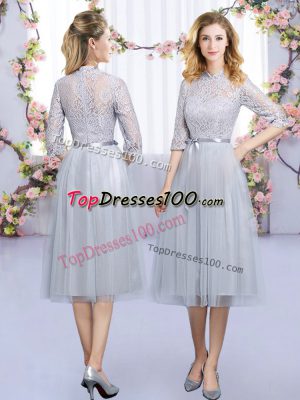 Half Sleeves Tulle Tea Length Zipper Bridesmaid Gown in Grey with Lace and Belt