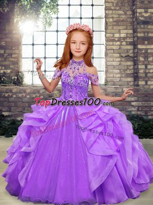 Classical Lavender Sleeveless Organza Lace Up Little Girls Pageant Dress