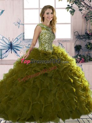 Trendy Floor Length Olive Green Quinceanera Gowns Organza Sleeveless Beading and Ruffles
