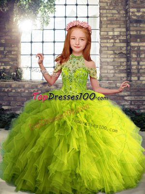 Floor Length Yellow Green Little Girls Pageant Dress Wholesale Tulle Sleeveless Beading and Ruffles