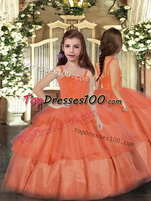 Orange Red Organza Lace Up Pageant Dress for Teens Sleeveless Floor Length Ruffled Layers