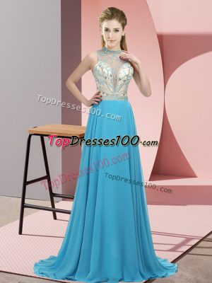 Custom Designed Aqua Blue Homecoming Dress Chiffon Brush Train Sleeveless Beading