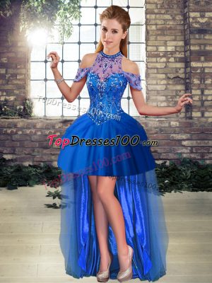 Custom Designed Royal Blue A-line Halter Top Sleeveless Beading High Low Lace Up Dress for Prom