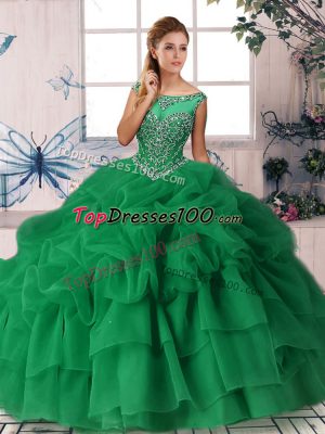 Delicate Beading and Pick Ups Vestidos de Quinceanera Green Zipper Sleeveless Brush Train