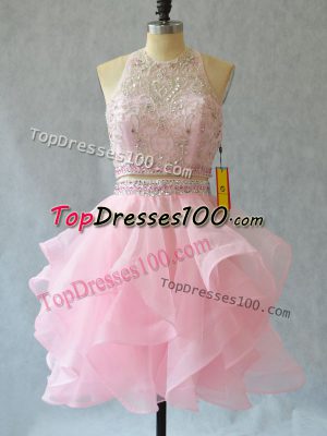 Baby Pink Two Pieces Beading and Ruffles Prom Party Dress Backless Tulle Sleeveless Mini Length