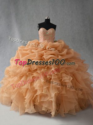 Colorful Gold Organza Lace Up Sweet 16 Dress Sleeveless Floor Length Beading and Ruffles and Pick Ups