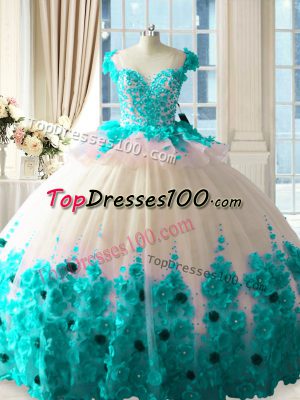Zipper Quinceanera Gowns Blue And White for Sweet 16 and Quinceanera with Hand Made Flower Brush Train