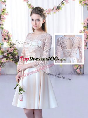 Best Scoop 3 4 Length Sleeve Bridesmaid Dresses Mini Length Lace and Belt Champagne Satin