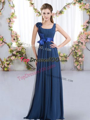 Navy Blue Empire Chiffon Straps Sleeveless Belt and Hand Made Flower Floor Length Zipper Bridesmaid Gown