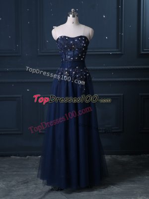 Decent Floor Length Zipper Prom Dresses Navy Blue for Prom and Party and Military Ball and Sweet 16 and Quinceanera with Lace
