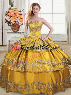 Gold Ball Gowns Satin and Organza Sweetheart Sleeveless Embroidery and Ruffled Layers Floor Length Lace Up Quinceanera Gown
