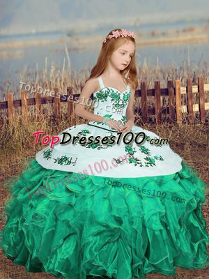 Turquoise Sleeveless Embroidery and Ruffles Floor Length Pageant Gowns For Girls