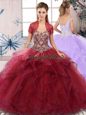 Romantic Burgundy Off The Shoulder Lace Up Beading and Ruffles Quinceanera Dress Sleeveless