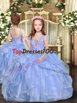 Excellent Blue Lace Up Pageant Gowns For Girls Beading Sleeveless Floor Length