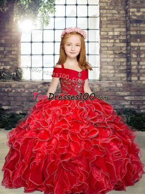 Red Organza Lace Up Winning Pageant Gowns Sleeveless Floor Length Beading and Ruffles
