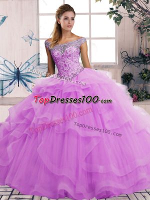 Sleeveless Floor Length Beading and Ruffles Lace Up 15th Birthday Dress with Lilac