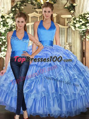 Organza Halter Top Sleeveless Lace Up Ruffles and Pick Ups Vestidos de Quinceanera in Baby Blue