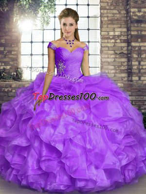 Lavender Off The Shoulder Lace Up Beading and Ruffles Vestidos de Quinceanera Sleeveless