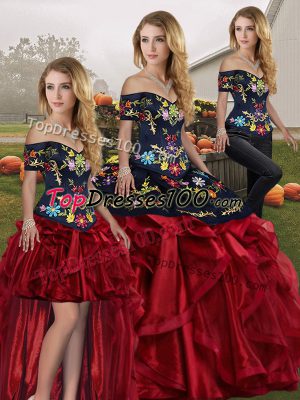 Red And Black Organza Lace Up Off The Shoulder Sleeveless Floor Length Quinceanera Dress Embroidery and Ruffles