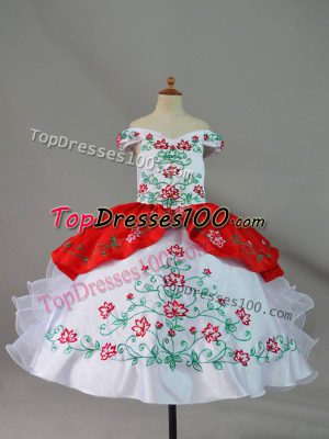 Custom Made Embroidery and Ruffles Pageant Dress for Teens White And Red Lace Up Sleeveless Floor Length