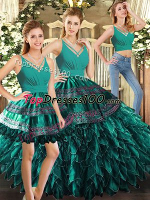 Sleeveless Organza Floor Length Backless 15th Birthday Dress in Turquoise with Appliques and Ruffles