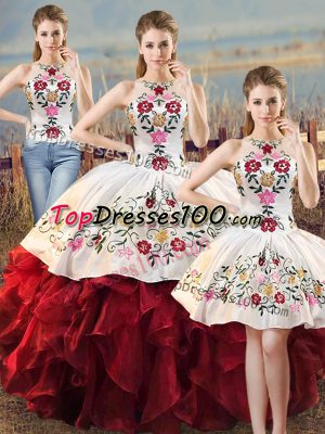 Inexpensive Floor Length White And Red Sweet 16 Quinceanera Dress Organza Sleeveless Embroidery and Ruffles