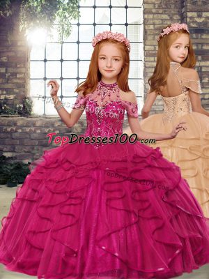 Stylish Floor Length Fuchsia Glitz Pageant Dress Tulle Sleeveless Beading and Ruffles