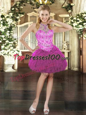 Beading and Ruffles Prom Party Dress Fuchsia Lace Up Sleeveless Mini Length