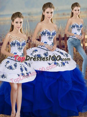 Exquisite Royal Blue Three Pieces Embroidery and Ruffles and Bowknot Vestidos de Quinceanera Lace Up Tulle Sleeveless Floor Length