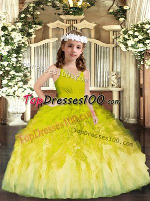 Ball Gowns Pageant Gowns For Girls Olive Green V-neck Tulle Sleeveless Floor Length Zipper