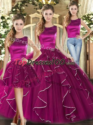 Glittering Tulle Sleeveless Floor Length 15th Birthday Dress and Ruffles