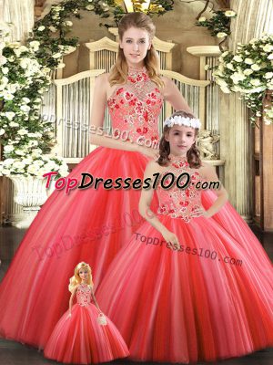 Enchanting Coral Red Ball Gowns Embroidery Ball Gown Prom Dress Lace Up Tulle Sleeveless Floor Length
