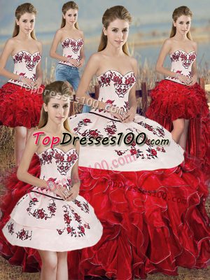 Sleeveless Organza Floor Length Lace Up 15th Birthday Dress in White And Red with Embroidery and Ruffles and Bowknot