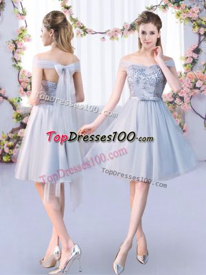 Inexpensive Knee Length Empire Sleeveless Grey Bridesmaid Gown Lace Up