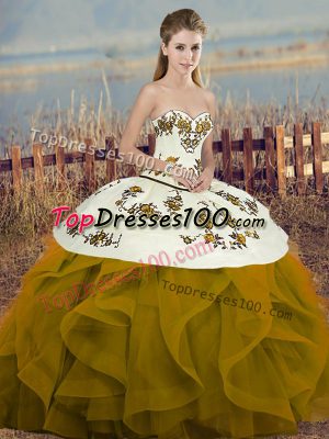 Brown Tulle Lace Up Sweet 16 Dresses Sleeveless Floor Length Embroidery and Ruffles and Bowknot