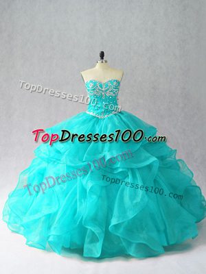 Aqua Blue Sweetheart Neckline Beading and Ruffles Sweet 16 Dress Sleeveless Lace Up