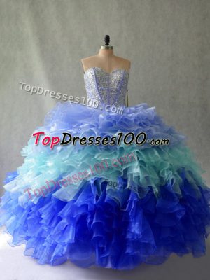 Comfortable Organza Sweetheart Sleeveless Lace Up Beading and Ruffles Ball Gown Prom Dress in Multi-color