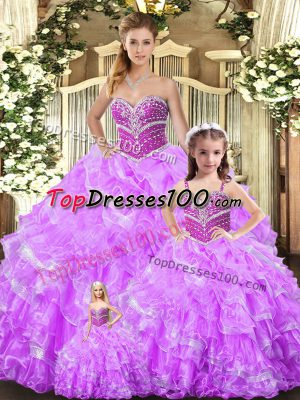 Exceptional Beading and Ruffles Quince Ball Gowns Lilac Lace Up Sleeveless Floor Length