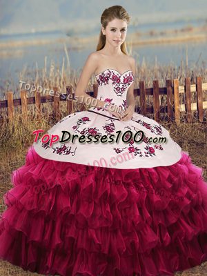 White And Red Organza Lace Up Quinceanera Gown Sleeveless Floor Length Embroidery and Ruffled Layers and Bowknot