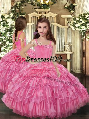 Customized Rose Pink Sleeveless Ruffled Layers Floor Length Little Girls Pageant Dress Wholesale