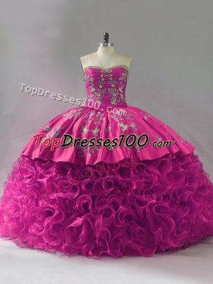 Great Fuchsia Sleeveless Floor Length Embroidery and Ruffles Lace Up Quinceanera Dress