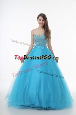 Baby Blue Tulle Lace Up Sweetheart Sleeveless Floor Length Ball Gown Prom Dress Beading