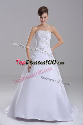 White Taffeta Lace Up Strapless Sleeveless Wedding Gown Brush Train Embroidery
