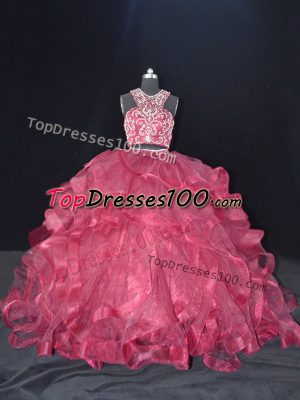 Scoop Sleeveless Quinceanera Dresses Brush Train Beading and Ruffles Burgundy Organza