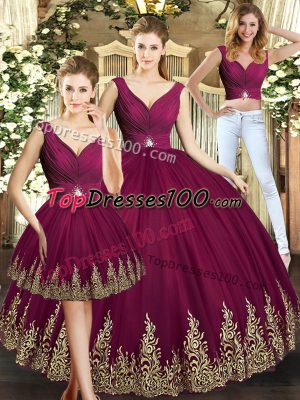 Burgundy Sleeveless Beading and Appliques Floor Length Sweet 16 Quinceanera Dress