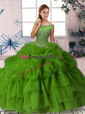 Green Quinceanera Dress Organza Brush Train Sleeveless Beading and Pick Ups